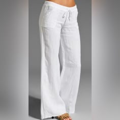 Very Thin Lightweight Cotton Pants. Great For That Hot Summer Night. Could Be Used Over The Bikini Or Just For The Evening Stroll. White With Hint Of Pink. High Waisted Flowy Pants, White Beach Pants, Summer Beach Pants, Bamboo Pants, Calvin Klein Leggings, Dress Yoga Pants, Black Strapless Jumpsuit, Grey Slacks, Leopard Pants