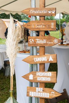 a wooden sign pointing to different places in the park with people standing around and tables set up behind it