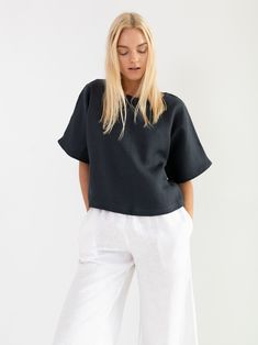 "BEE is a simple loose fitting short sleeve linen top. DETAILS - Boat neckline - Short sleeve - Kimono sleeves - Pullover design - Cropped length - 100% lightweight European linen fabric - Cut and sewn to order just for you in our studio COLOR - Dark Grey, you can also choose other colors above - Fabric samples are available here https://www.etsy.com/listing/586569696/linen-fabric-samples SIZING & FIT - Fits true to size - Length is approximately 20 inches / 51.5 cm - Bust (pit to pit) is ap Linen Tops With Rolled Short Sleeves, Effortless Boxy Short Sleeve Top, Relaxed Linen Short Sleeve T-shirt, Modern Linen Short Sleeve Tops, Modern Linen Tops With Short Sleeves, Modern Linen Tops For Everyday, Modern Short Sleeve Linen Tops, Boxy Short Sleeve Relaxed Top, Modern Linen Tops For Everyday Wear