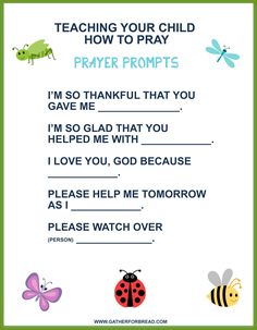 a thank card with the words, teaching your child how to pray and two bugs