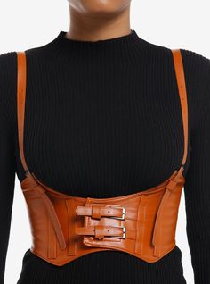 Brown Faux Leather Buckle Underbust Corset Harness | Hot Topic Underbust Corset With Straps, Steampunk Harness, Harness Belt Outfit, Underbust Corset Pattern, Underbust Harness, Corset Belt Outfit, Corset Harness, Elf Aesthetic, Brown Harness