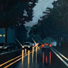 an oil painting of cars driving down the road at night