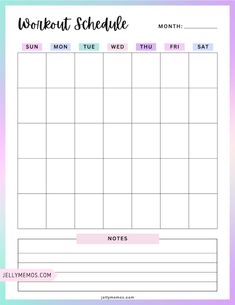 a printable workout schedule for the month with pink and blue stripes on it, in front of a white background