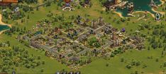 a computer screen shot of a town in the game simulage, with lots of trees and buildings