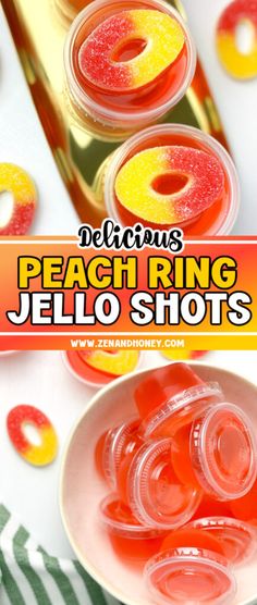 some jello shots are sitting in a bowl on a table with the words delicious peach ring jello shots