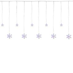 snowflakes are hanging from strings on a white background with blue and purple stars