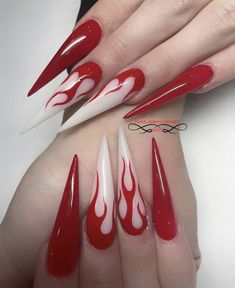 Long Nail Designs Sharp, Edgy Stilleto Nails Designs, Black And Red Nails Ideas Prom, Grunge Nails Stiletto, Long Pointy Acrylic Nails, Red Goth Nails, Goth Stiletto Nails, Nail Ideas Stiletto, Nails Ideas Stiletto