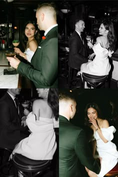 two pictures of people in formal wear at a bar and one is holding a cell phone