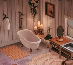 a bath tub sitting in the middle of a bathroom next to a sink and mirror