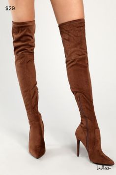 The Lulus Natiee Taupe Suede Pointed-Toe Over-the-Knee Boots are a must-have item for any IT girl wardrobe! Soft faux suede shapes these iconic boots that have a pointed-toe upper, a seamed vamp, and a 23"" over-the-knee shaft with a 15"" circumference. A drawstring collar cinches together with long laces just above the knee. A sexy stiletto heel adds some major flair to your strut. An 11"" zipper at the instep allows for easy on and off. 4" wrapped stiletto heel. Cushioned insole. Felted rubber sole has nonskid markings. Man made materials. Imported. Lulus | Natiee Taupe Suede Pointed-Toe Over-the-Knee High Heel Boots. Lulu Fashion, High Heel Boots Knee, Stiletto Boots, Girls Wardrobe, It Girl, Heel Boots, Tall Boots, High Heel Boots, Stiletto Heel