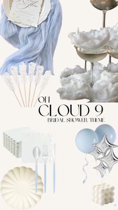 some white and blue items are arranged in the shape of clouds with balloons on them