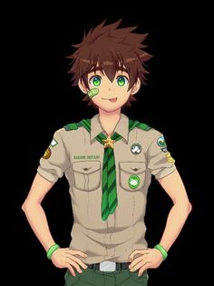 an anime character with green eyes and a tie on his shirt is standing in front of a black background