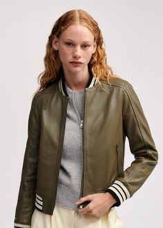 ME+EM's Green Leather Varsity Bomber Jacket is granted a luxe update in supple khaki leather, then edged with striped ribbed monochrome trims for a sporty finish. Shop now. Ss24 Fashion, Travel Jeans, Varsity Jacket Women, Green Leather Jackets, Ankle Sleeve, Gorgeous Leather, Kick Flares, Leather Jackets Women, Winter 2024