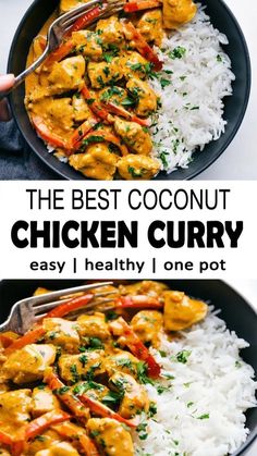 the best coconut chicken curry is served over white rice