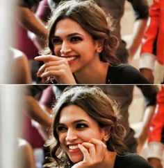 two pictures of a woman smiling and talking on her cell phone while sitting at a table