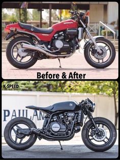 before and after photos of a motorcycle