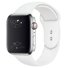 an apple watch with white sport band and black face design on the front, side view