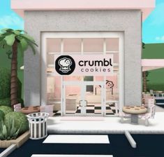 an animated image of a crumbl cookie shop with palm trees in the background