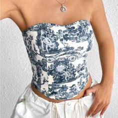 Never Worn - Perfect Condition Fitted Blue Printed Tops, Girly Shirts, Tube Top Outfit, Tube Top Outfits, White Tube Top, White Tube, Indian Prints, Top Outfit, Summer Crop Tops