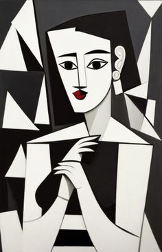 an abstract painting of a woman with black and white stripes on her face, in the style of cubism