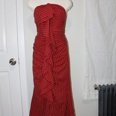 Brand New W/ Tags Attached! Excellent Condition Ruffles Going Down The Center Asymmetrical Hem Back Zipper Red Strapless Maxi Dress With Ruffles, Ruffle Midi Dress, Dress C, Asymmetrical Hem, Asymmetric Hem, Red Color, Ruffles, Polka Dot, Polka Dots