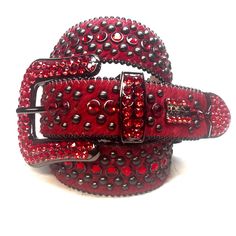 B.B. Simon Fully Loaded 'Blood Red' Pony Crystal Belt Bb Simon Belts, Red Y2k, Bling Belts, Ostrich Legs, Bling Jeans, Crystal Belt, Red Accessories, Red Belt, Rhinestone Belt