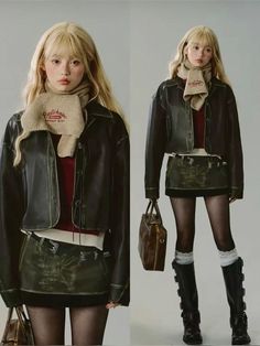 Ethereal Fall Outfits, Fall Outfits 2000s Inspired, Winter Kpop Outfits, Leather Skirt Winter, Leather Skirt Outfit Winter, Fall Runway, Women's Outfits, 가을 패션, Lookbook Outfits