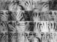 multiple images of hands covering each other's face with their fingers, in black and white