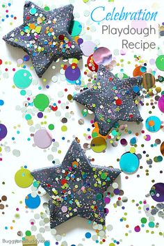 three star shaped playdoughs with confetti on the side and celebration in the background