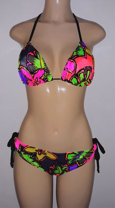 Triangle bikini top and  tie hip side bikini bottom Tropical Tie-side Bottom Swimwear For Parties, Tropical Party Swimwear With Tie-side Bottom, Triangle Top Bikinis, Custom Bathing Suits, Custom Swimsuits, Underwire Tankini, Womens Tankini, Cut Out Swimsuits, Monokini Swimsuits