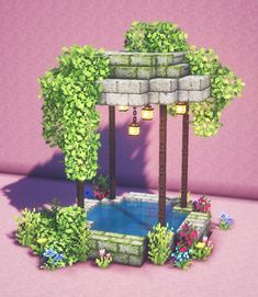 a small pond surrounded by trees and flowers in a purple room with a pink wall