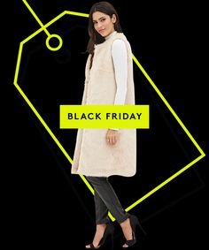 a woman standing in front of a black background with the words black friday on it