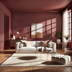 a living room with pink walls and white furniture