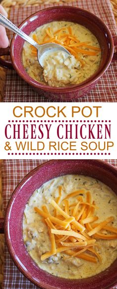 crock pot cheesy chicken and wild rice soup in a red bowl with a spoon