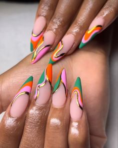 💅😍 Get inspired by this trendy manicure featuring pink, green, and orange nail colors. Add a pop of color to your fingertips and express your vibrant personality. #nailinspo #colorfulmanicure #trendynails #expressyourself #nailgoals Sassy Nails, 2024 Nails, Stiletto Nails Designs, Nail Candy, Dope Nail Designs, Nail Envy, Her Nails, Nails Polish, Hot Nails