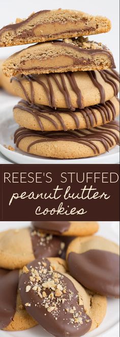 there are several cookies stacked on top of each other and the words reese's stuffed peanut butter cookies