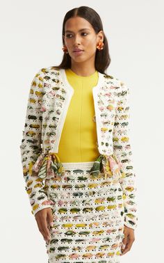 Fringed Crochet-Knit Chiffon Jacket By Oscar De La Renta | Moda Operandi Crochet Fashion Trends, Woven Crochet, Dress Tutorial, Ladies Who Lunch, Woman Dresses, Couture Jackets, Dress Tutorials, Crochet Jacket