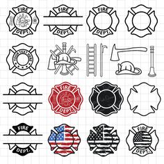 various firefighter emblems and badges on a piece of paper with the words fire department written