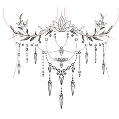 a drawing of a chandelier with leaves and beads hanging from it's sides