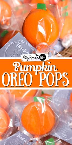 pumpkin oreo pops are wrapped in plastic and sitting on top of some other candy