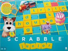 the scrabble junior board game is on display