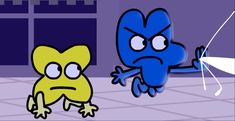 two blue and yellow cartoon characters standing next to each other