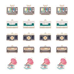 a bunch of different types of items on a white background, including an old fashioned radio