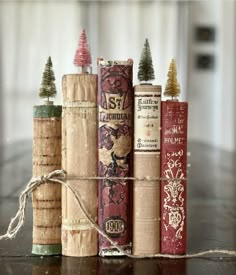 several books tied together with twine and small christmas trees on top of each book