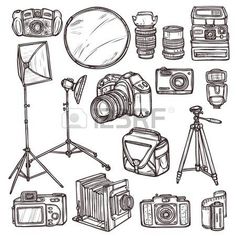 hand drawn camera and equipment set - miscellaneous objects / objects clippings from people's drawings