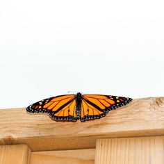 a butterfly sitting on top of a wooden structure