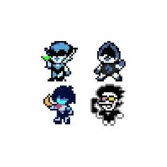 four pixel style characters in different colors and sizes