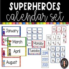 the superheros calendar set is shown in black and white, with colorful squares around it