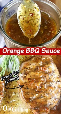 an orange bbq sauce is being spooned into some meat