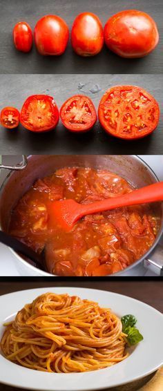 tomatoes and spaghetti are being cooked on the stove top, with tomato slices in the background